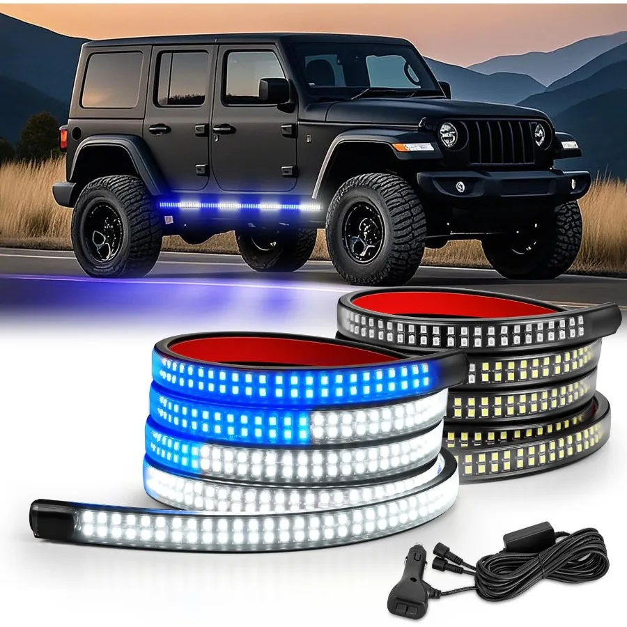 

2PCS 70 Inch Emergency Strobe Light Strip with 1125 LED Running Board Lights in Blue and White for Enhanced Visibility and Safe