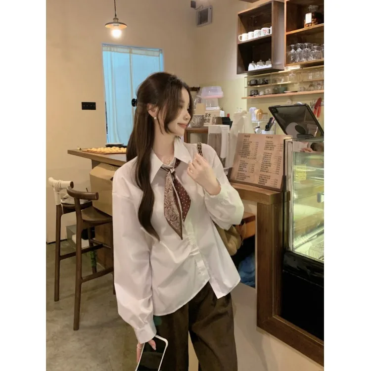 Elegant Loose Long Sleeve Shirt Spring 2026 Commute Style Pleated Collar Women's Fashion Korean Trend Early Spring Shirt