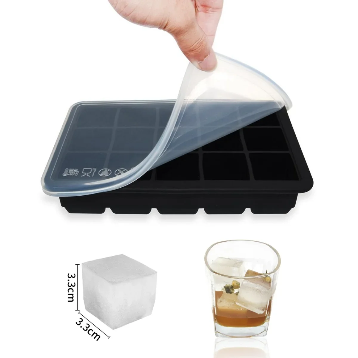 Lebensmittelqualität, heiß verkaufte, langlebige Silikon-Eiswürfelformen, 15 Gitter, quadratisch, mit Abdeckung, einfache Heim-Eismaschine für Whiskey und Kaffee