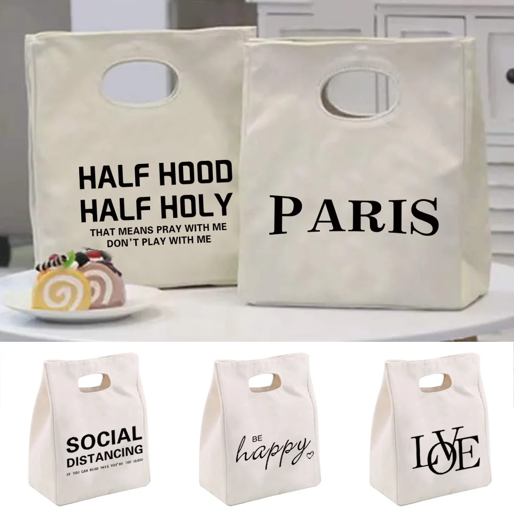 

2025Insulation Lunch Bags Text Printed Thermal Food Picnic Box Travel Canvas Portable Cooler Tote Hang Bag School Luncheon