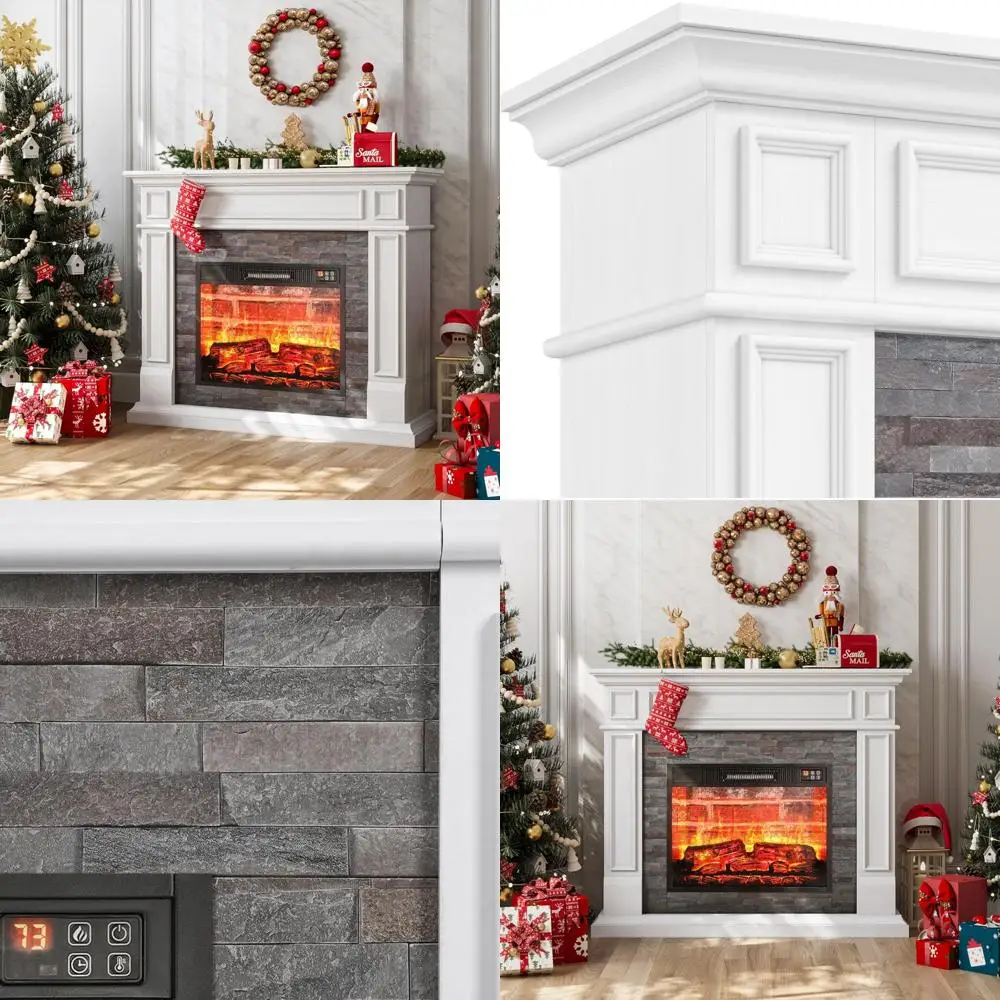 

44 Freestanding Electric Fireplace with Mantel, Tall Heater, Realistic Stone Surround, Remote Control Included