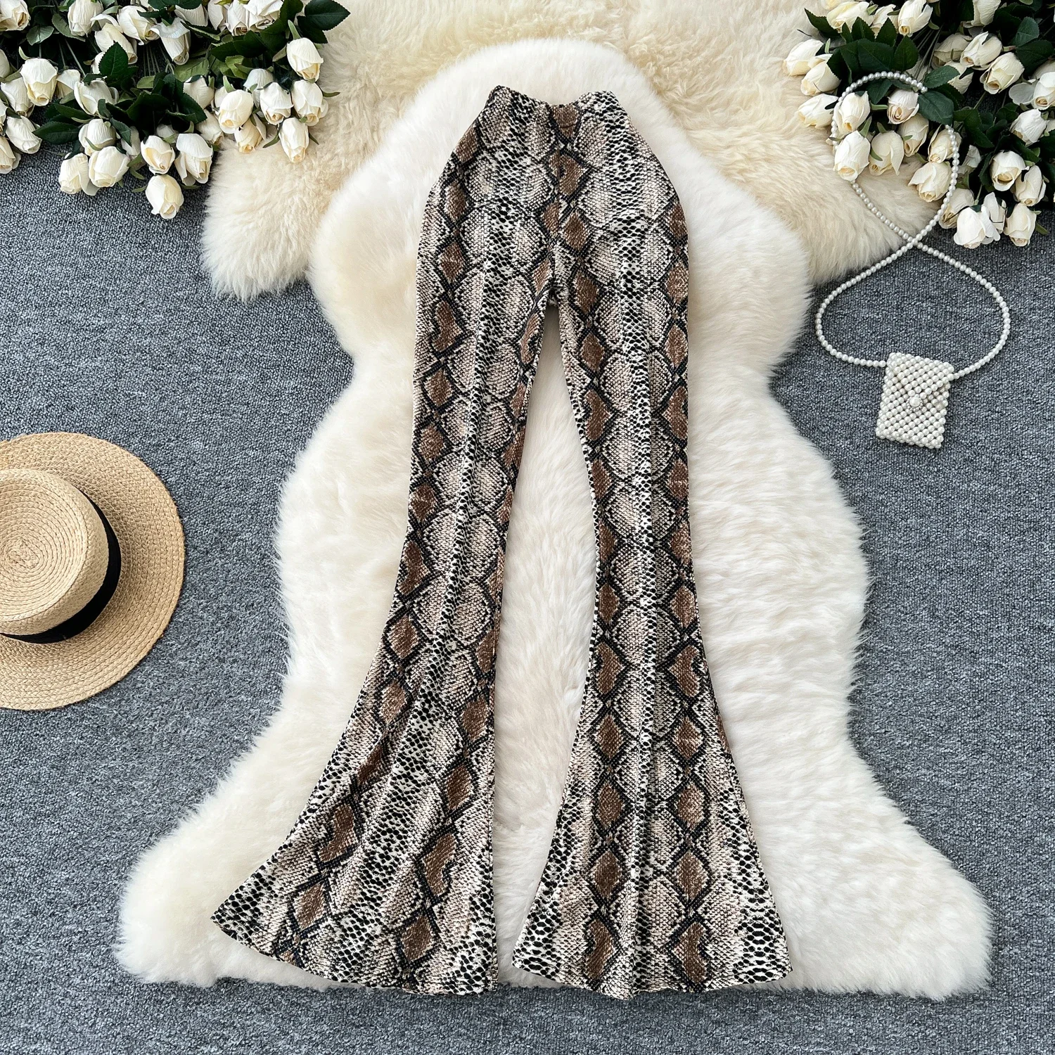 Casual Leopard High Waist Vintage Women Basics Elegant Flare Pants Korean High Street Office Lady Slim Spring Autumn Clothing