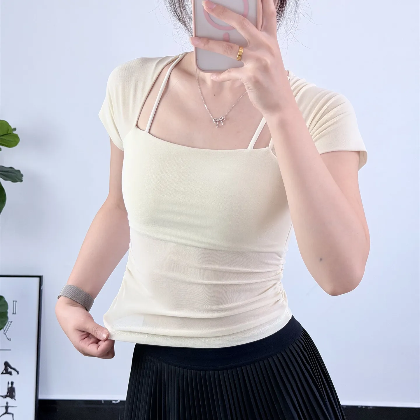 Gepolsterte Yoga-Shirts für Damen, Kurzarm-Sport-Crop-Top, Fitness-Workout-T-Shirt, Sexy Cropped-Lauf-Tights, Gym-Bekleidung – Detail 17