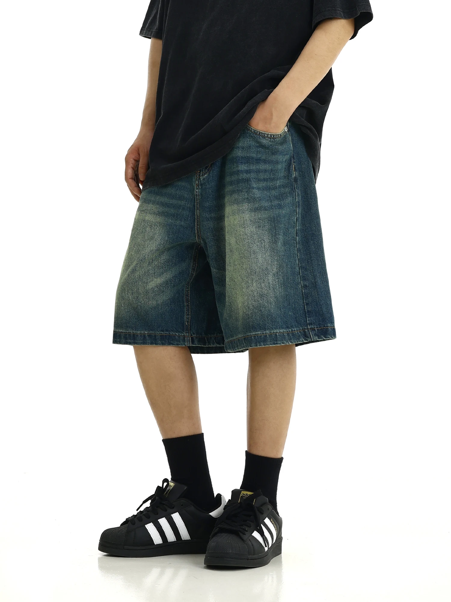 Retro American Denim Shorts Unisex Streetwear Loose Straight Casual Washed Five-Point Pants Mid-Waist High-Waist Jeans