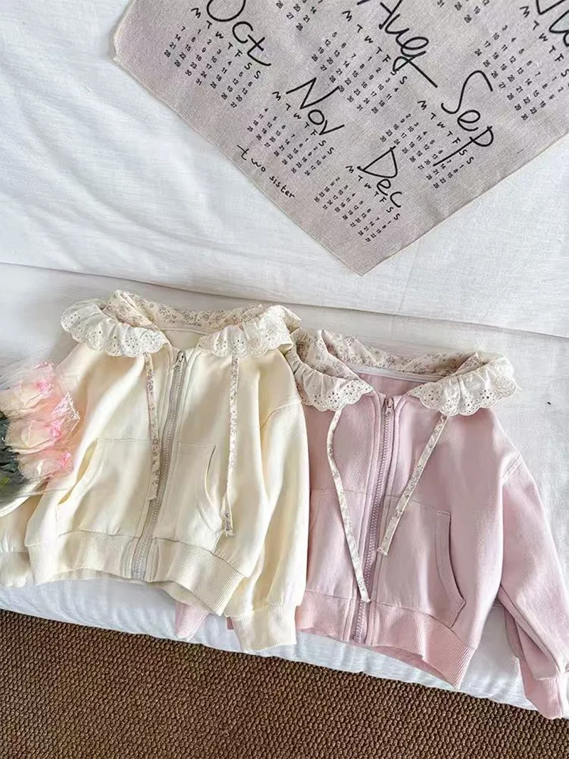 

Girls Korean Version Jacket 2025 New Children's Spring Autumn Garden Lovely Hundred With Hooded Lace Edge Knitted Sweater