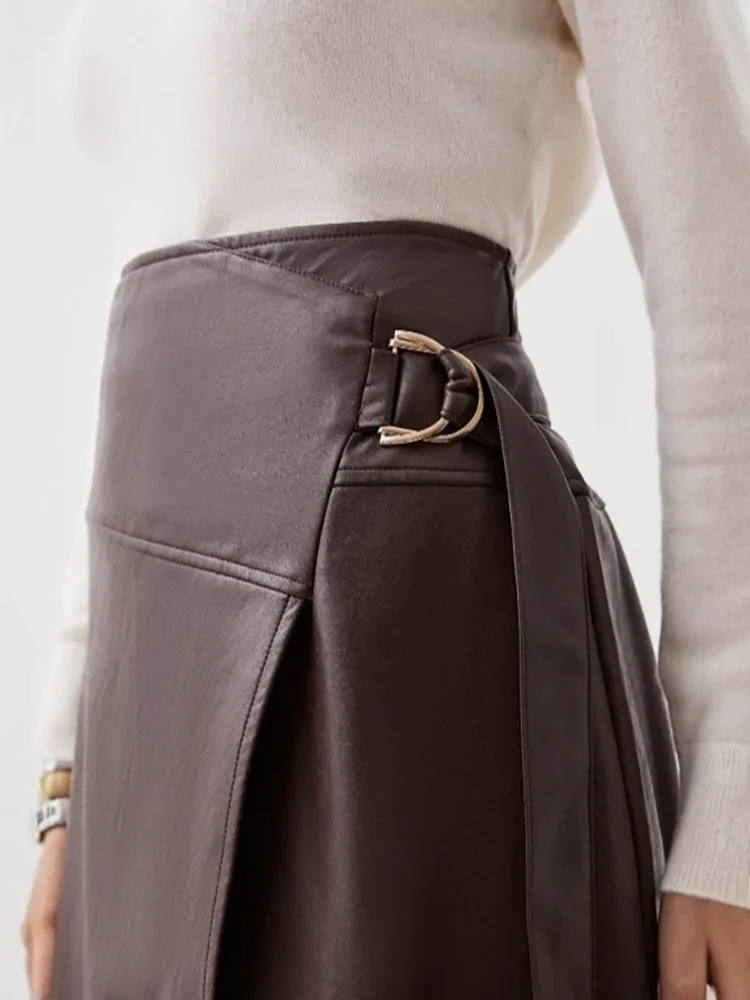 

2026 New Fashionable PU Leather Skirt Elegant Irregular Split Waist Belt Adjustable Design A-line Long Skirt