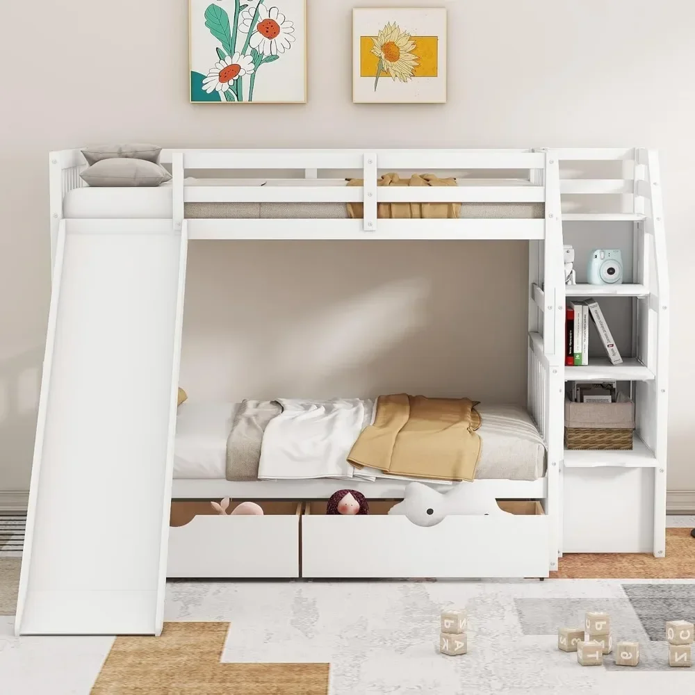 Bunk Bed with Slide, Wood Bunk Bed Twin Over Full Size with Storage Drawers for Kids ,Twin Over Full Bunk Bed with Stairs