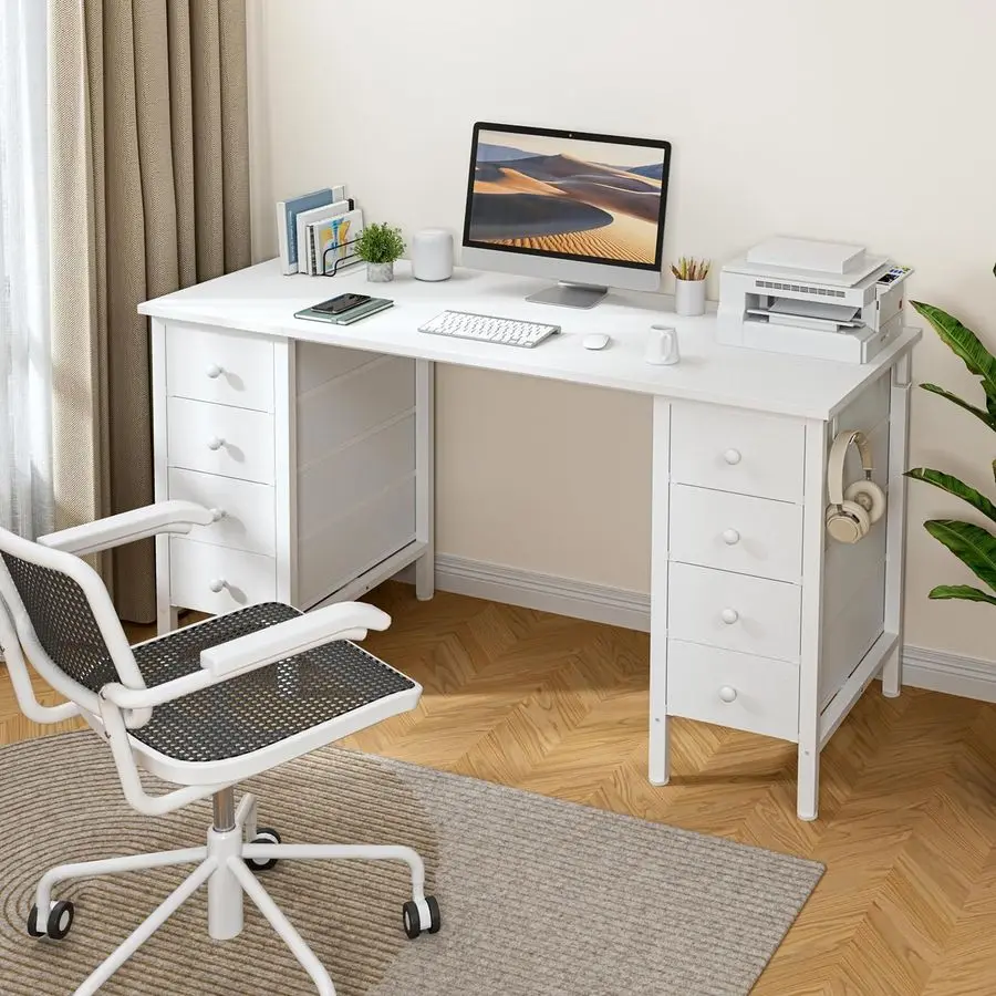 White Computer Desk with Drawers on Both Sides for Home Office, 55 inch Girls Teens Desks with Storage Writing Study Table for B