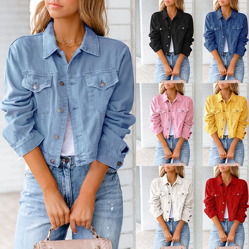 Y2k Women's Short Loose Short Denim Jacket Long Sleeve Button Down Jean Trucker Jacket with Pockets Support Wholesales