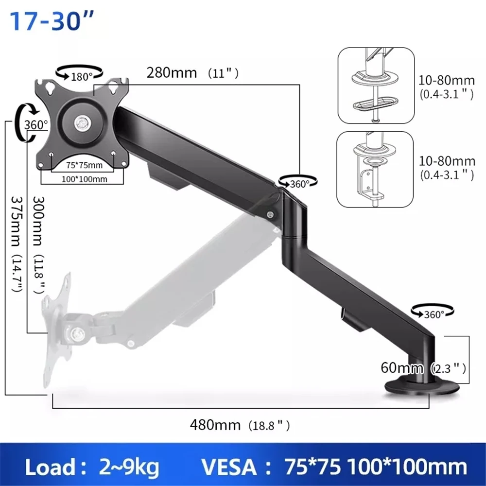 17-30 inch Long Arm Monitor Bracket Desktop Computer Screen Rotating Telescopic Table Clip Bracket Base Monitor Stand