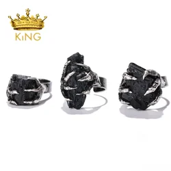 Antique Copper Silver Plated Bohemian Gift Soldered Jewelry Raw Black Tourmaline Free Form Nugget Adjustable Finger Rings
