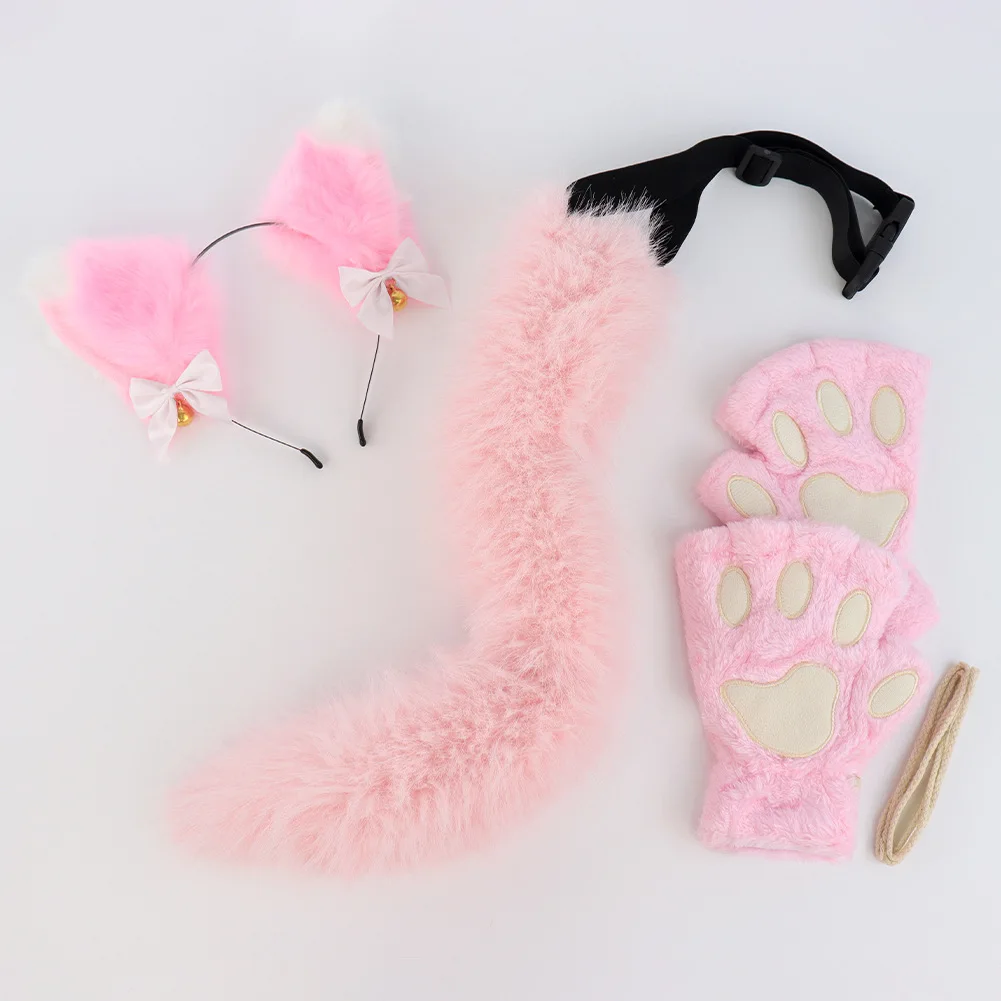 

Furry Cat Paw Gloves Cat Tail & Ears Headband Set with Bell 3-Piece ‌Kawaii Cosplay Kit for Comic Con Women Role-Play Lovely Set