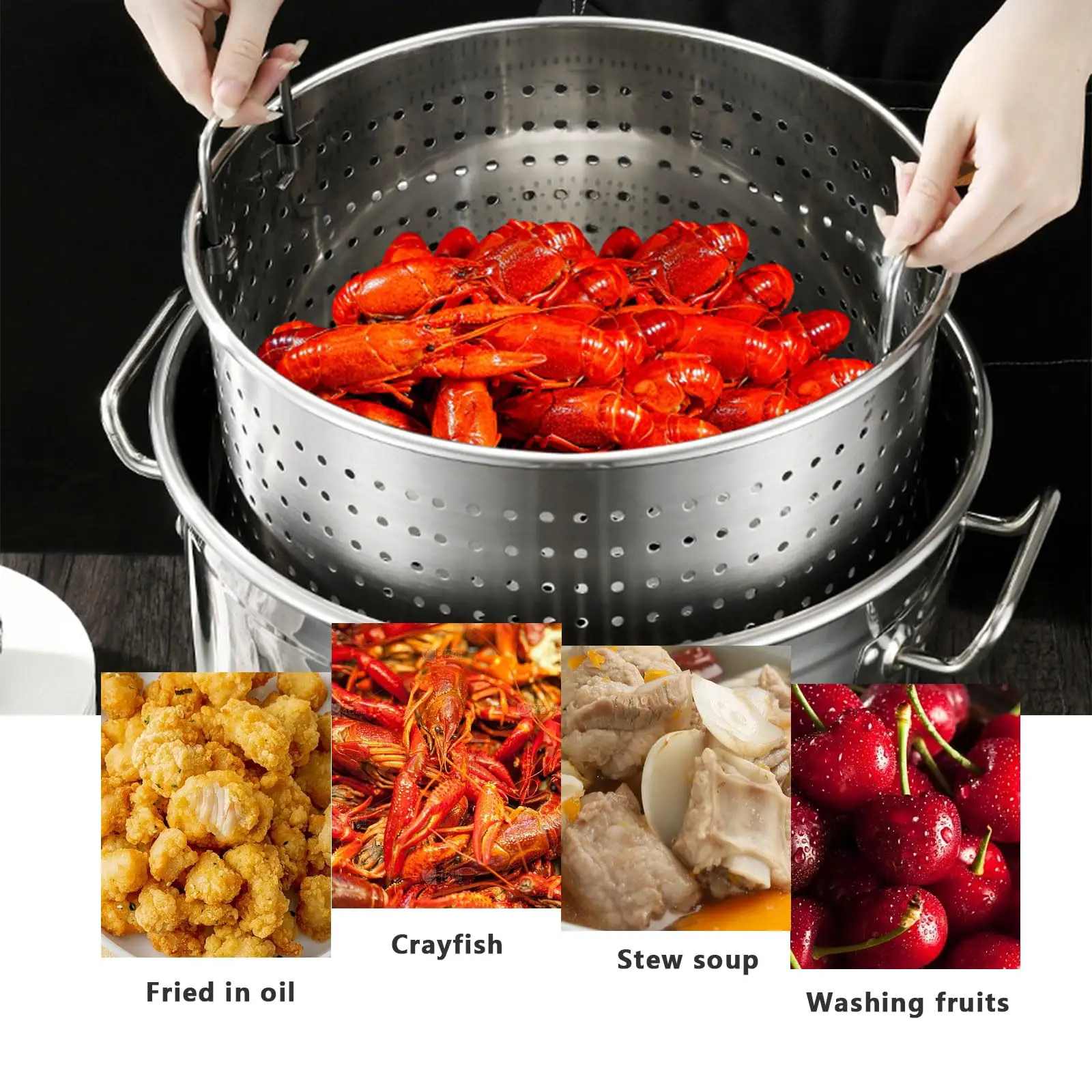 35cm Stainless Steel Stock Pot with Strainer Basket for Seafood Boil Pot Deep Fryer Pot for Family Gatherings Lobster Boil Pot