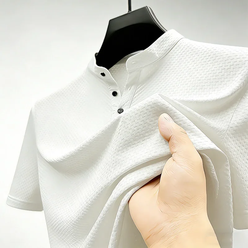 Men's Solid Color Short Sleeve Polo Shirt with Waffle Weave Design Stand Collar Base Layer Ideal for Hiking Running and All Day
