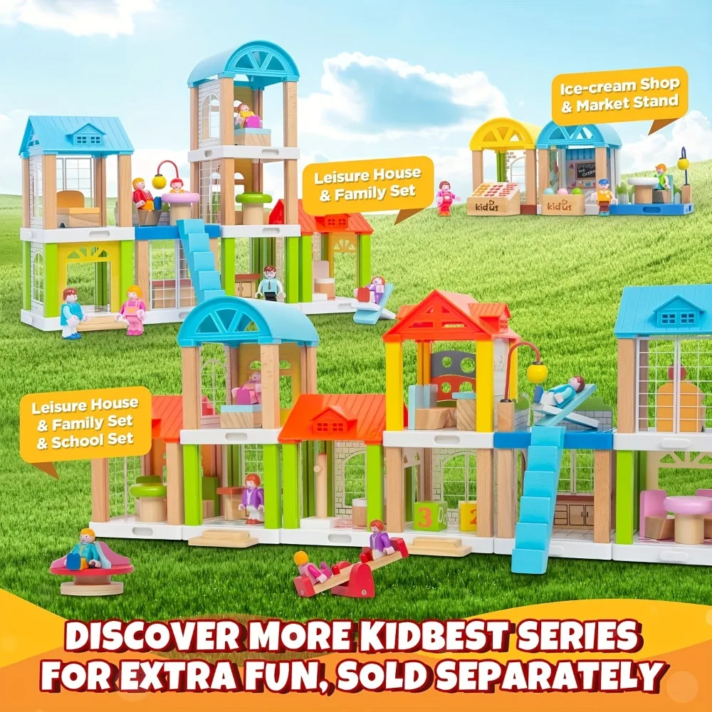 Wooden Dollhouse Furniture Set Outdoor Miniature Doll House School Accessories with Seesaw Pretend Play Toys Birthday Gift