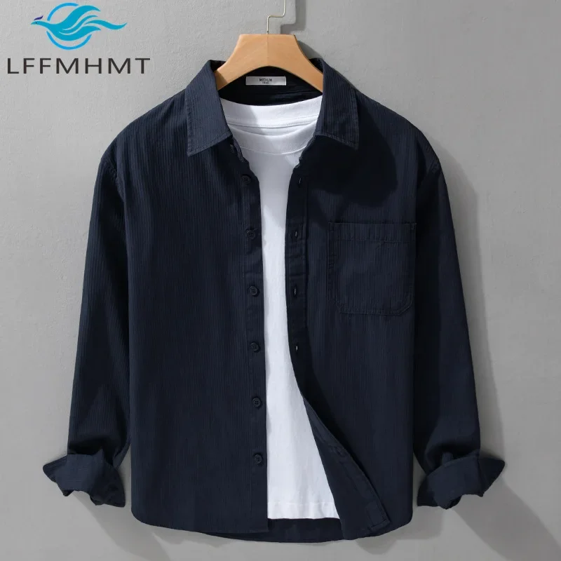 

9569 Spring Autumn Simple Versatile Men's Long Sleeved Shirt Casual Loose Retro Solid Color Youth Shirt Men Shirt Men Clothing