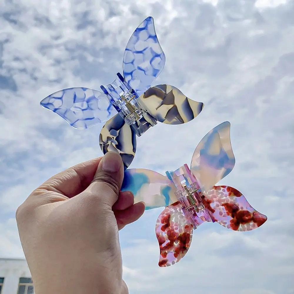 Luxury Korean Style Butterfly Hair Claw Colorful Acrylic Retro Hair Crab Clip Headdress Illusory Color Sweet Shark Clip Daily