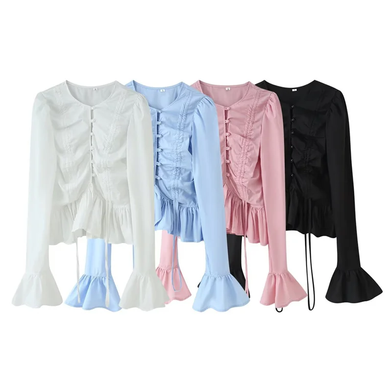 Women's Top 2026 Summer Fashion Solid Color Drawstring Bell Sleeve Slim Top Jacket for Women Autumn Elegance Chic Ladies Shirt