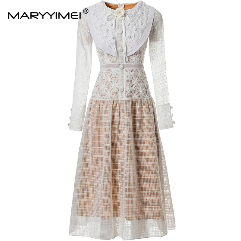 

MARYYIMEI Fashion Design Spring Summer Women's Lace Long-Sleeve Appliques Button High Waiste Party Dresses