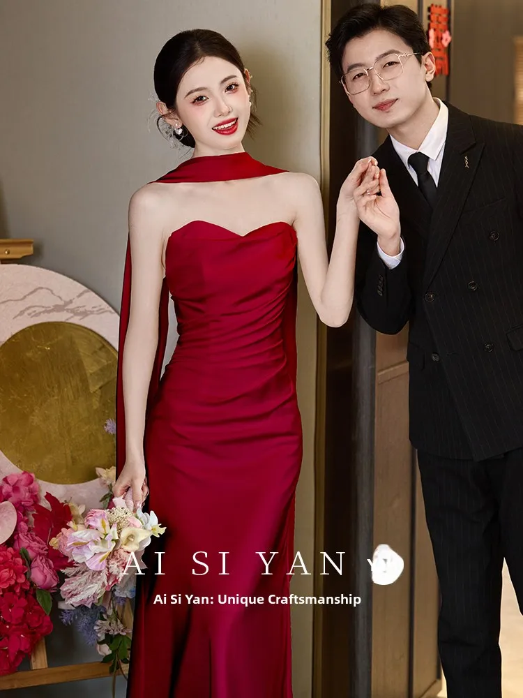 

Красное свадебное платье 2026: Новинка, без бретелек, вечернее, женское, в корейском стиле, с молнией на талии