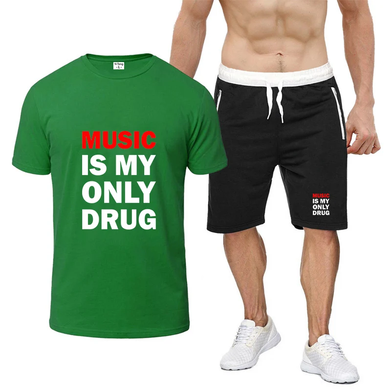 

Music is My Only Drug 2025 Men's New Eight-color Short-sleeved Set Casual T-shirt + Sweatpant Daily Summer Two-piece Suit