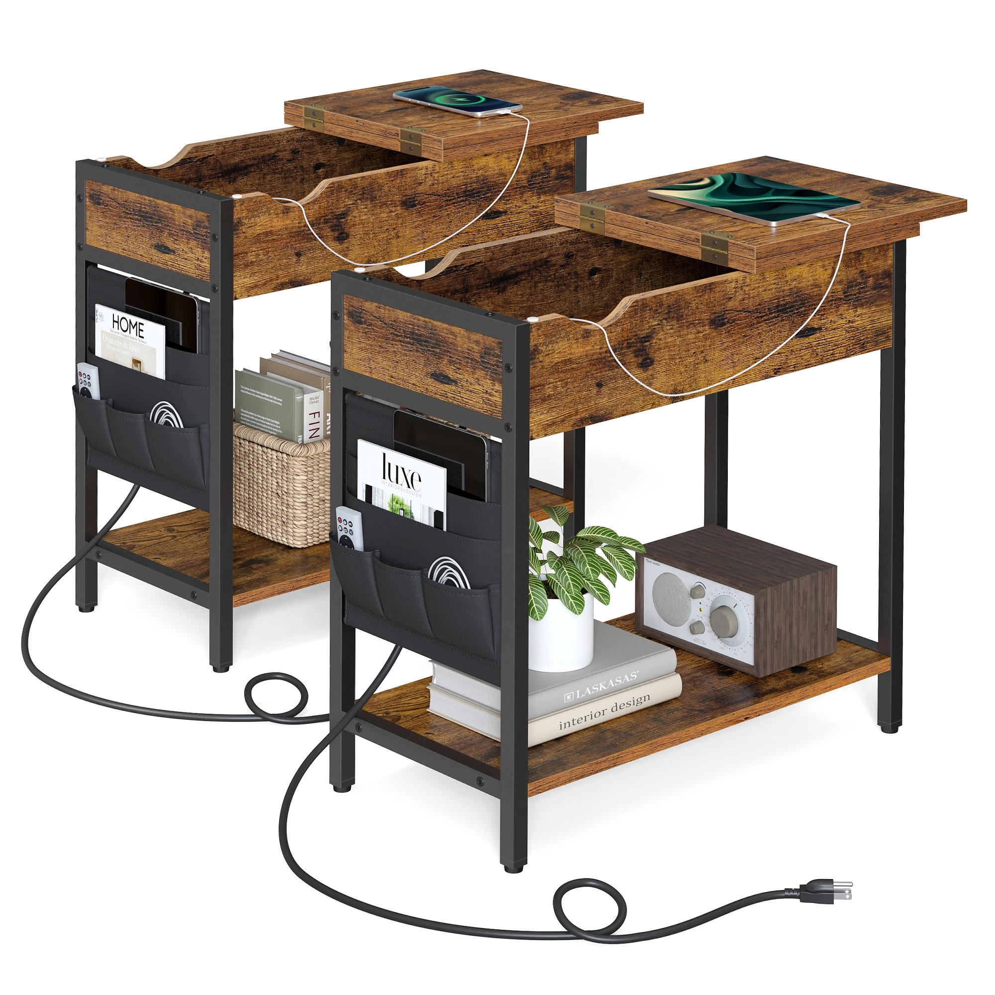 VASAGLE Side Tables with Storage, Set of 2 End Tables with USB Ports and Outlets, Nightstands with Charging Stations