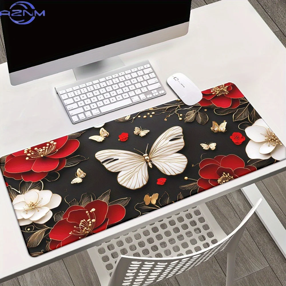 1pc, Beautiful Butterflies and Red Flowers, HD Printed Pad for Desk, Multi Functional XXL Mousepad, Keyboard Gaming Mouse Mats,