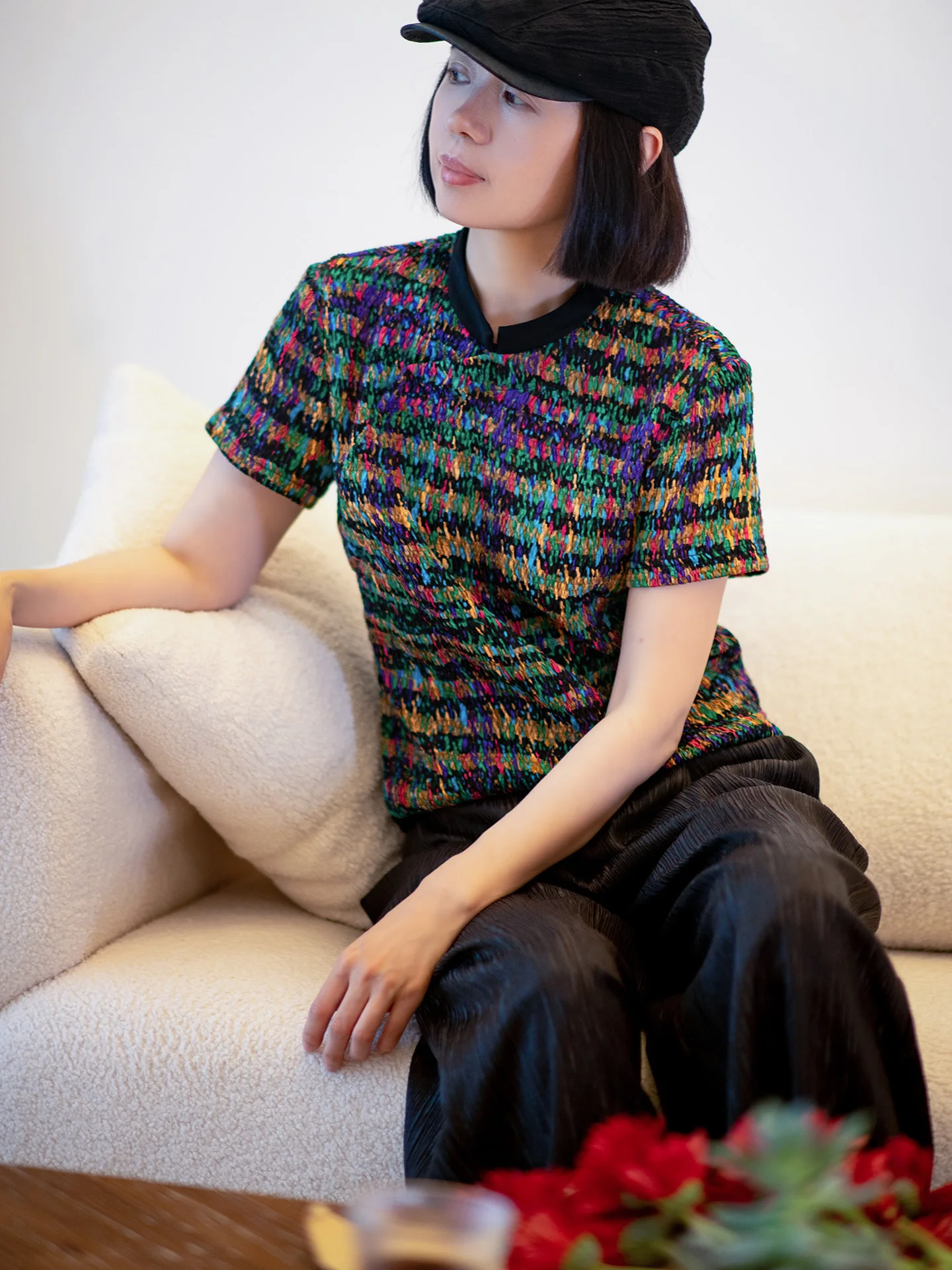 

Elastic Silk ort Sve irt Stand Collar Asymmetrical Hemline Traditional Chinese Sle Women's Top Summer Faion