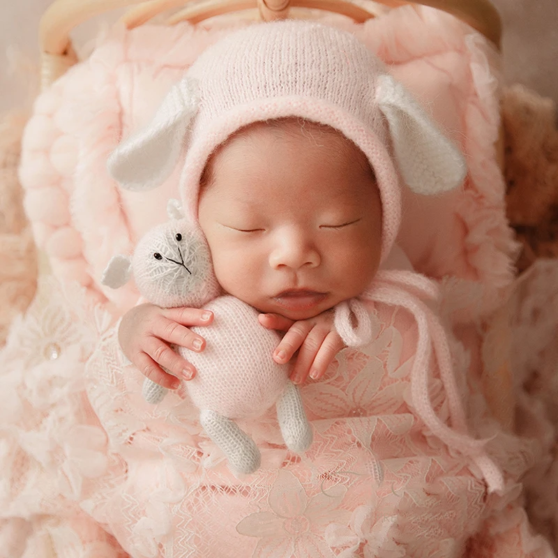 Newborn Photography Props Cute Caps + Small Dolls Toys Bear Ear Rabbit Ear Crochet Knitted Hat Studio Baby Shooting Accessories