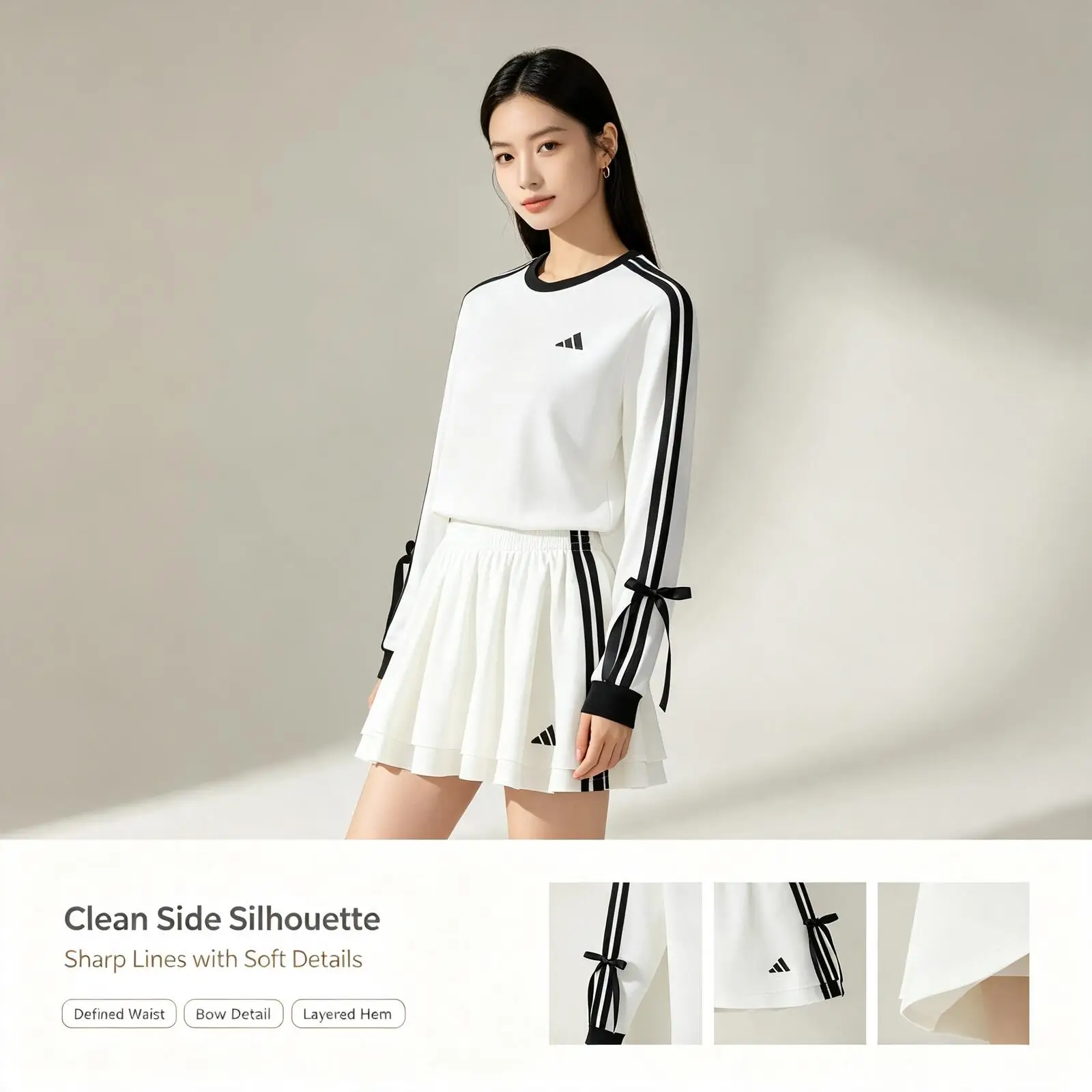 Adidas White Sporty Two-piece Outfit Set, Long Sleeve Striped Top And Layered Mini Skirt, Casual Coordinated Matching Set