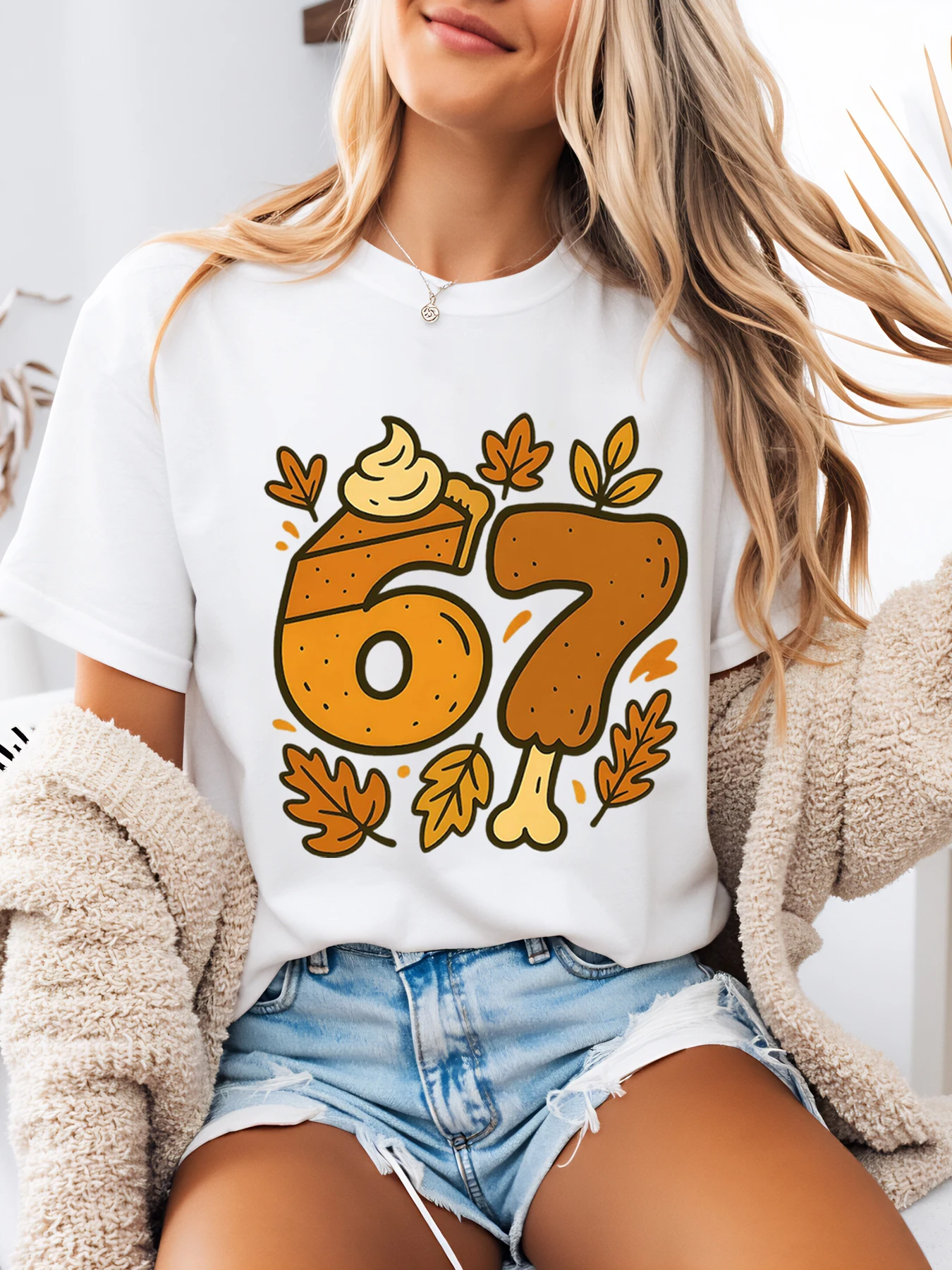 

Pumpkin Pie 67 Thanksgiving Design t Shirt Women Casual Autumn Festival Wear White Plus-Size