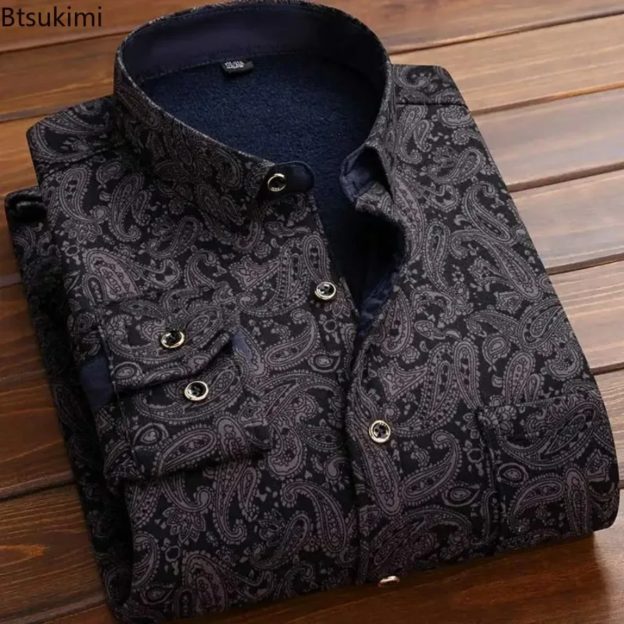 New Men's Print Long-Sleeved Shirts Thickened Warm Autumn/Winter Fashion Casual Non-Ironing Dress Shirts Comfortable Fleece Tops