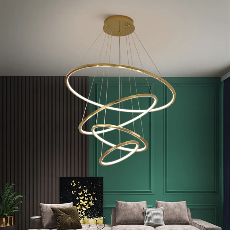 

ModernStainless Steel Duplex Staircase LED Chandelier Nordic Art Gold Circle Ring Livingroom Kitchen Loft Hanging Light Fixtures