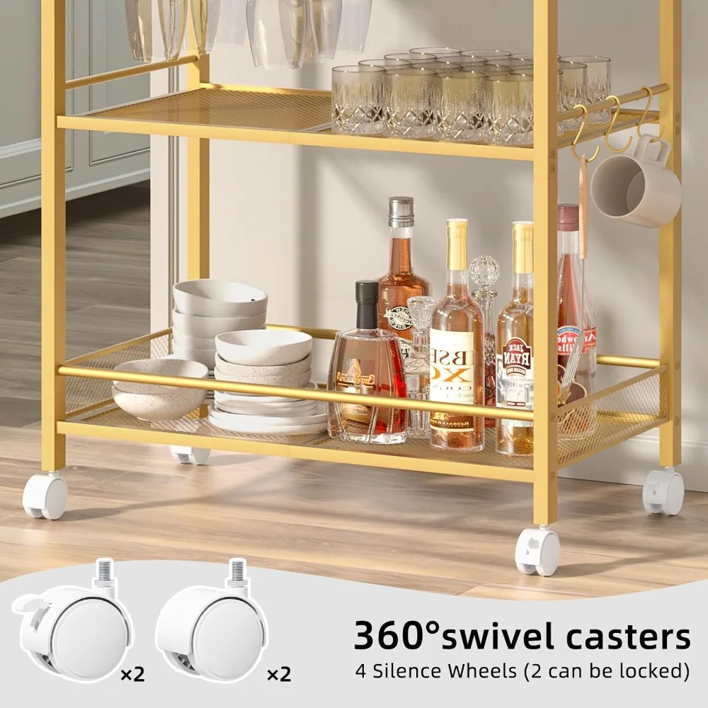 3-Tier Rolling Bar Cart with Wine Rack and Glass Holder, Mobile Kitchen Shelf for Dining Room, Gold view 6