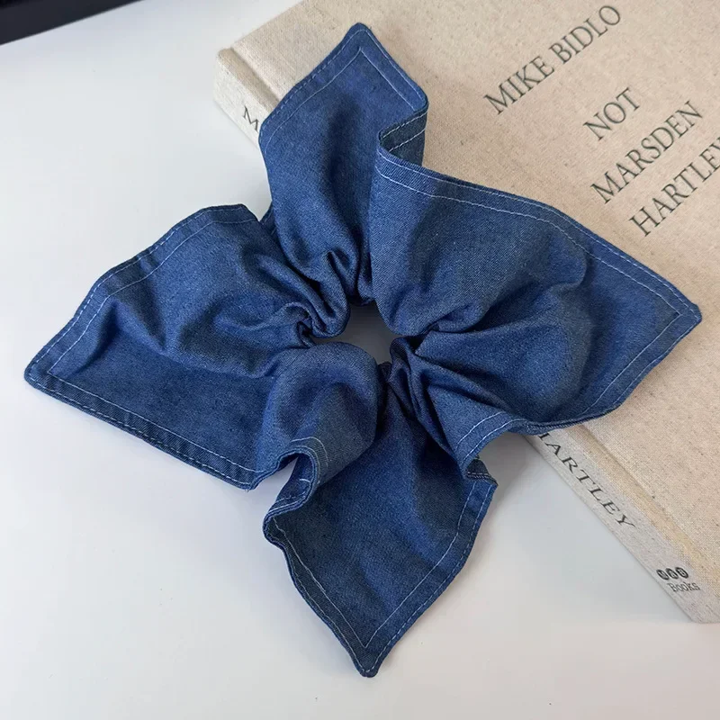 Retro Denim Blue Hair Scrunchies Lady Fashion Square Scarf Headband for Women Temperament Hair Rope Tie Ponytail Rubber Band New