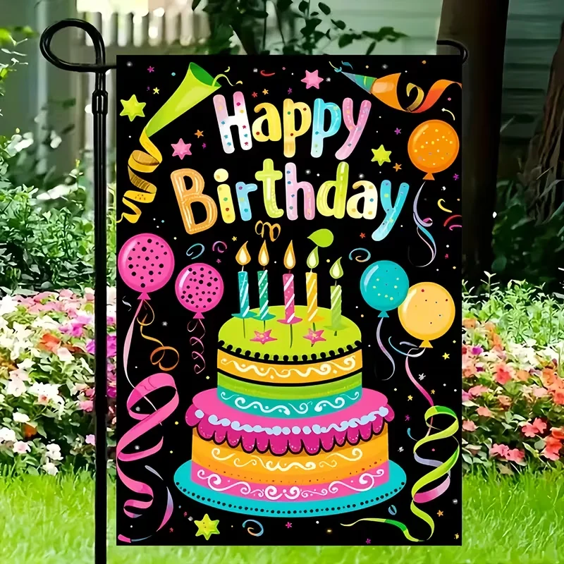VIKAMA "Buon Compleanno" Bandiera da giardino con stampa di torte dei cartoni animati, durevole arredamento da giardino per esterni, adatto per prati, percorsi e decorazioni per la casa