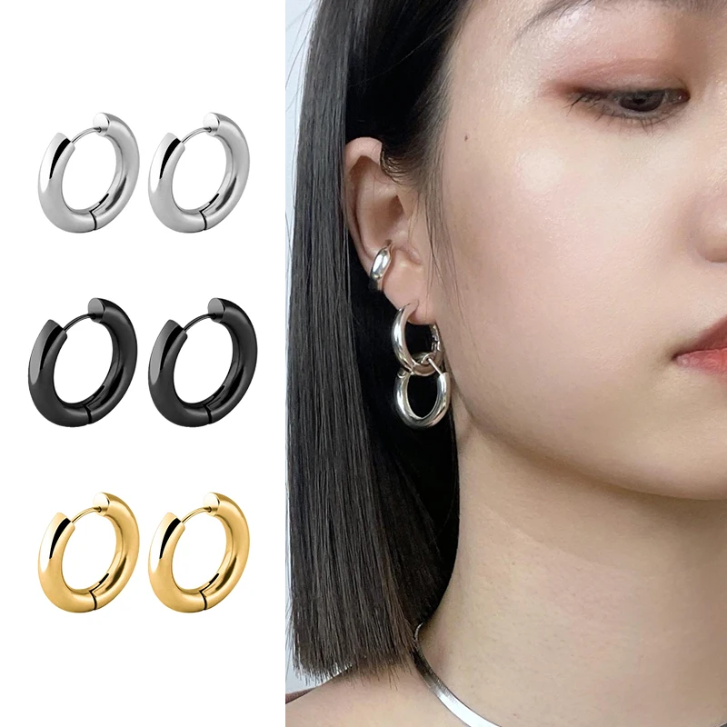 Petites boucles d'oreilles créoles en acier inoxydable pour femmes et hommes, boucles d'oreilles Huggie, cercle rond, punk, hip hop, 2 pièces
