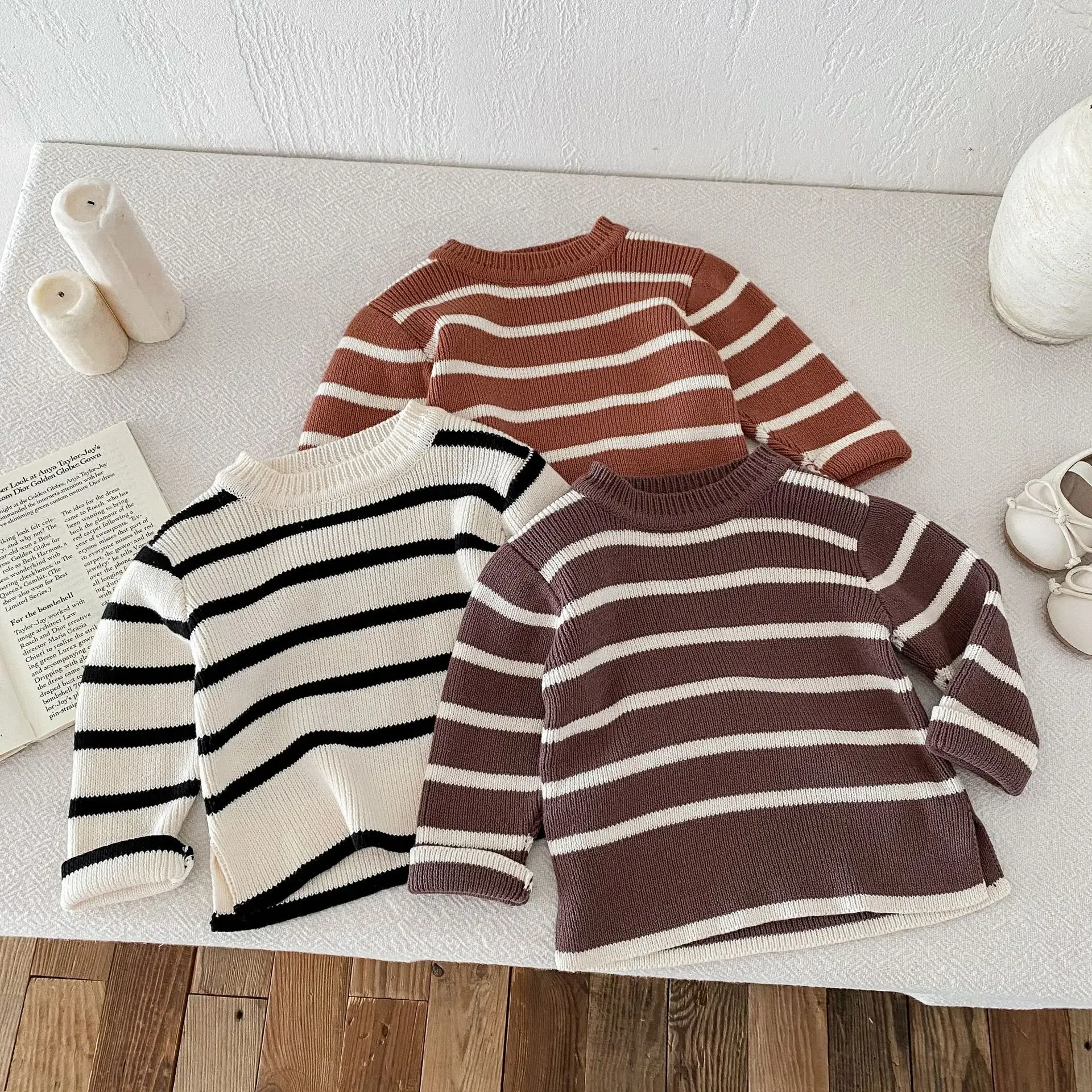 MILANCEL New Autumn Kid\'s Sweater 1-6Y Girls Striped Knitted Pullover Children\'s Base Top Optional Knitted Bell Bottoms