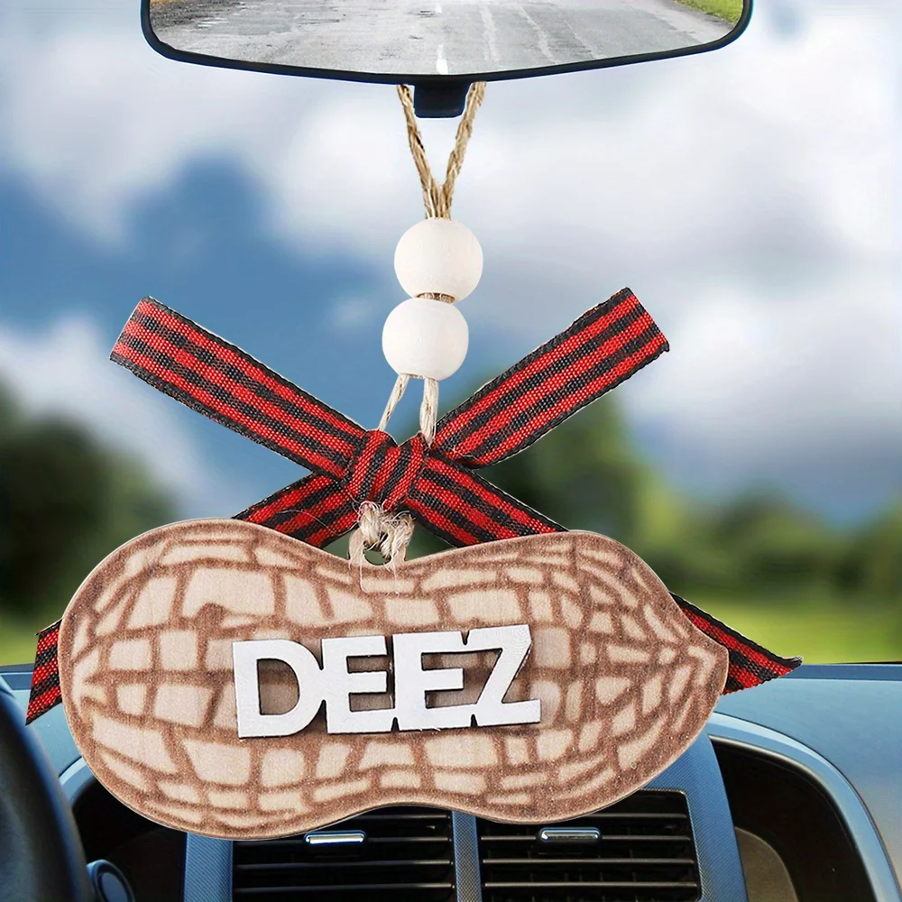 1PCS Carved Wood Deez Nuts Hanging Ornament - Humorous Adult-Themed Peanut Design Rearview Mirror Decoration