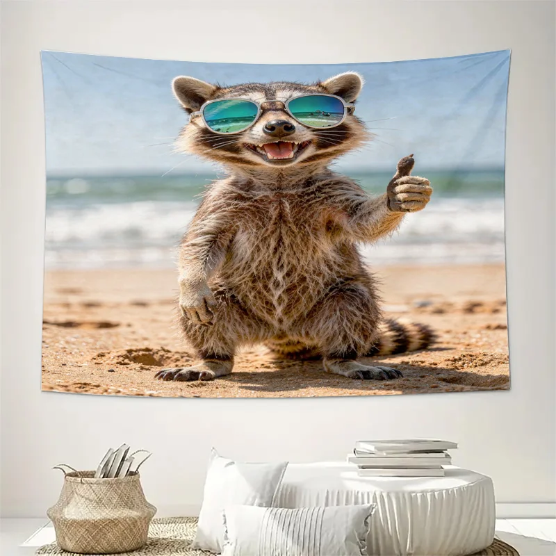 Funny Raccoon Beach Tapestry Coastal Tropical Wall Hanging Art Decor Animals Summer Beach Vacation Safari Jungle Home Gift Print