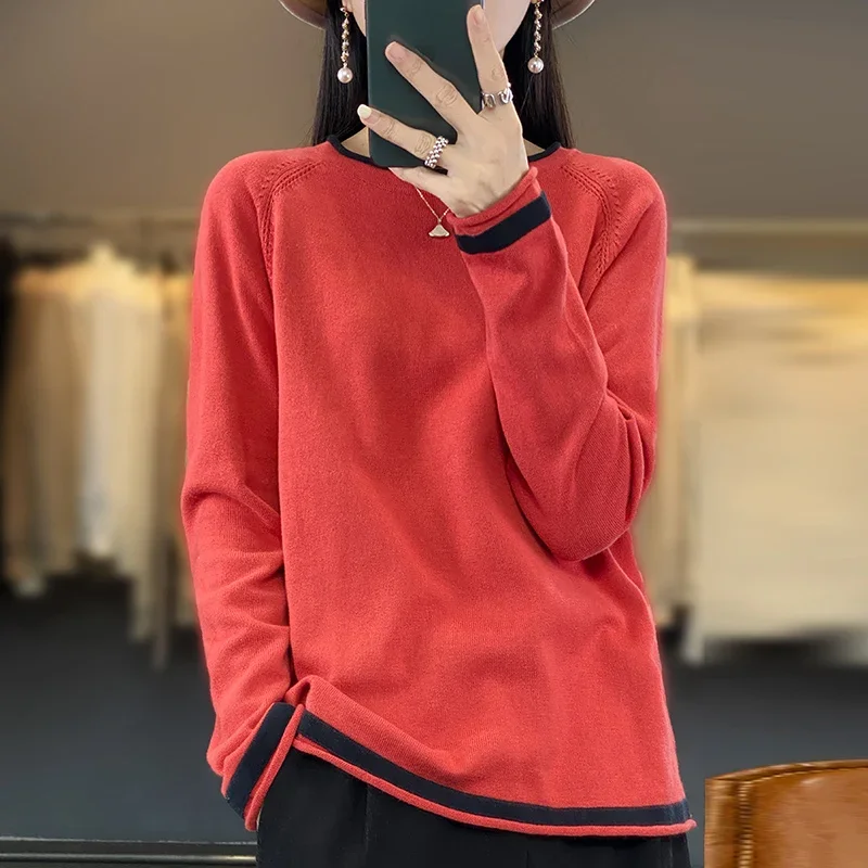 

Knitwear Women's Round Neck Sweater 2025 Autumn Winter New Loose Color Matching Cotton And Linen Bottoming Pullover