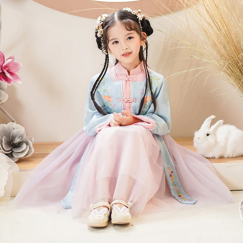 Spring Girls Chinese Lovely Tang Suit Chinese Traditional Kids Lace Embroidery Ancient Hanfu Children Perform Costumes