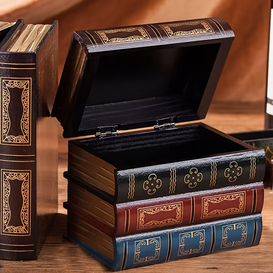 Retro Style Wooden Book-Shaped Storage Box | With Lid & Stackable Design, Exquisite Book Appearance - Desktop Storage Essential