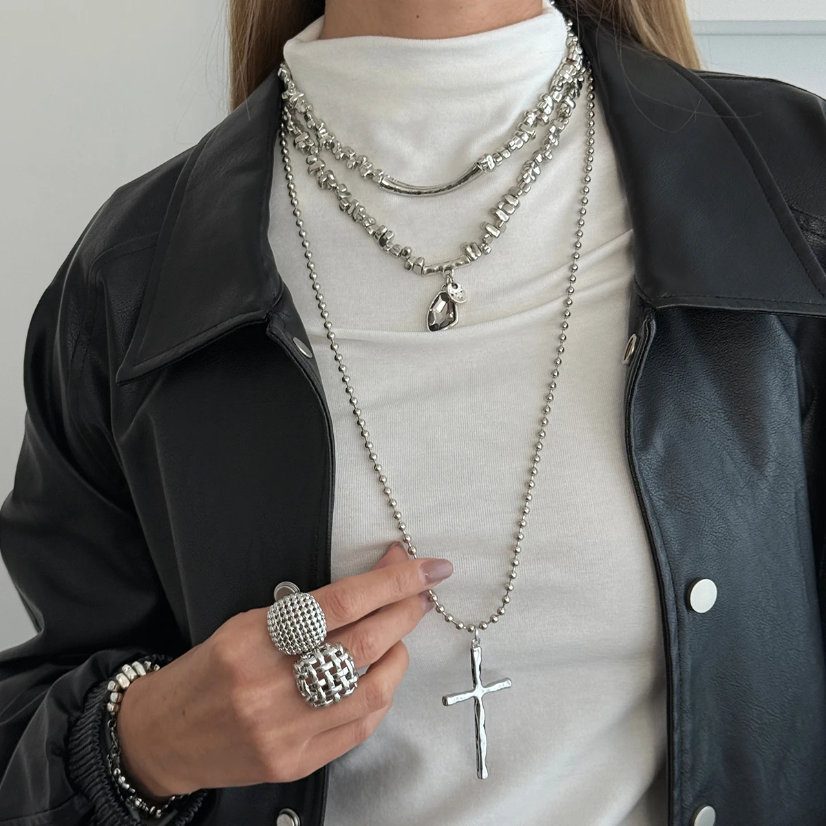 SHIXIN 6Pcs/Set Silver Color Necklace Bracelet Ring With Geometric Cross Acrylic Rhinestone Pendant Stackable Jewelry Set Women