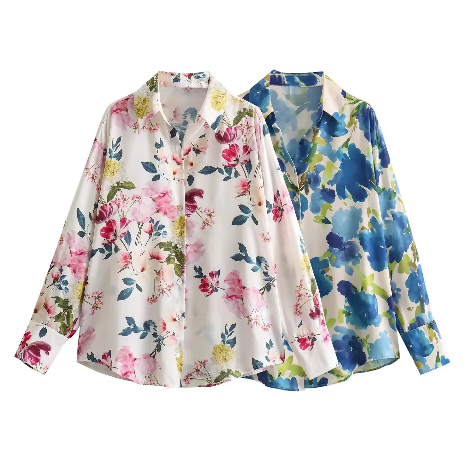

Rindu TRAF 2024 Women's Floral Print Silk Satin Long-sleeved Shirt Official Store Shirts & Blouses Traff Autumn Clothing Cheap