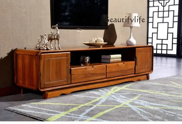 New Chinese Style Ugyen Wood Solid Wood TV Cabinet Nordic Light Luxury Audiovisual Cabinet Modern Minimalist Floor Cabinet