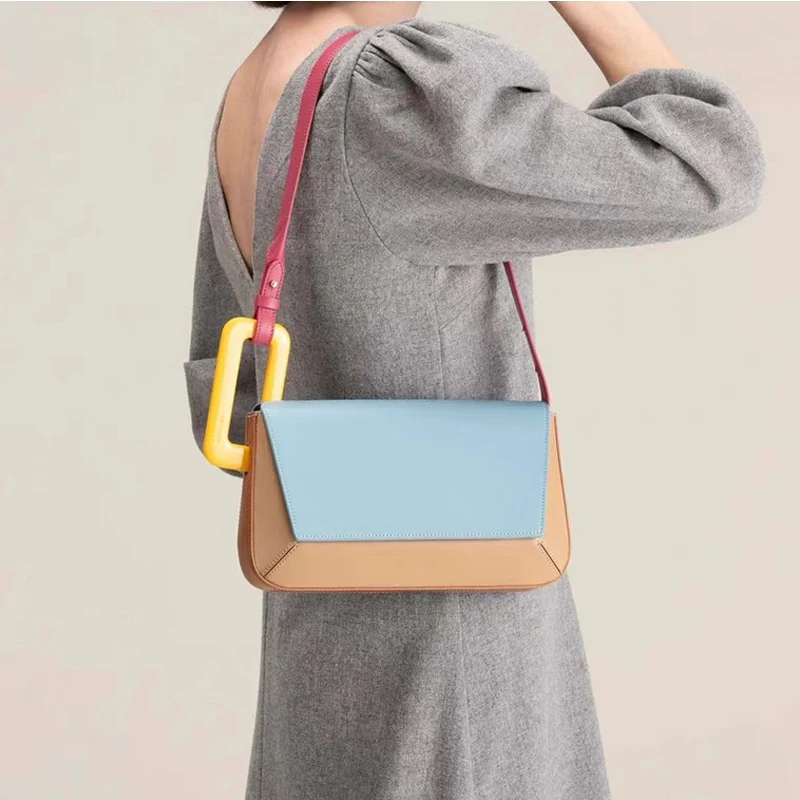 New Contrast Stitching Female Designer Handbags Long Panelled Flap Luxury Acrylic Shoulder Fashionable Purses Clutch Party Bag