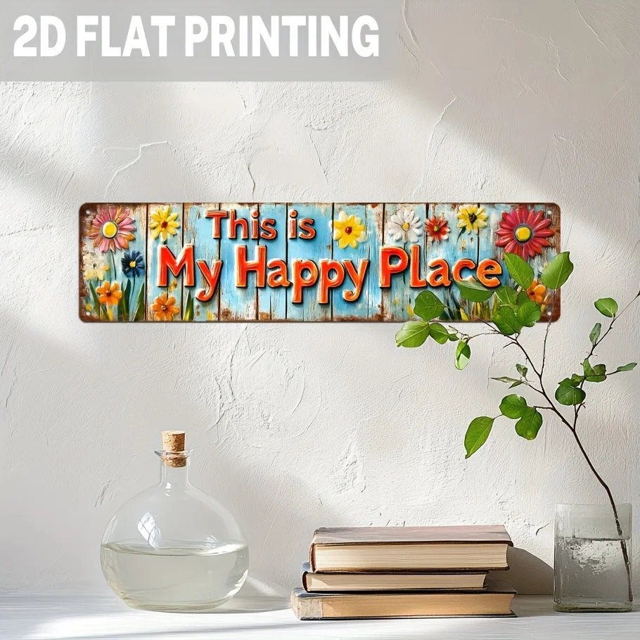 2D Bright Colors Wooden Nameplate 'Land Happiness' Wall Art Rural Countryside Farmhouse Decor Outdoor Home Decor Floral Pattern