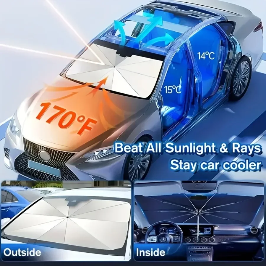 مظلة أمامية للسيارة قابلة للانحناء، مرآة رؤية خلفية قابلة للفتح؛ ترقية 360 درجة °   مظلة زجاج أمامي دوارة بمقبض ذراع قابل للانحناء.