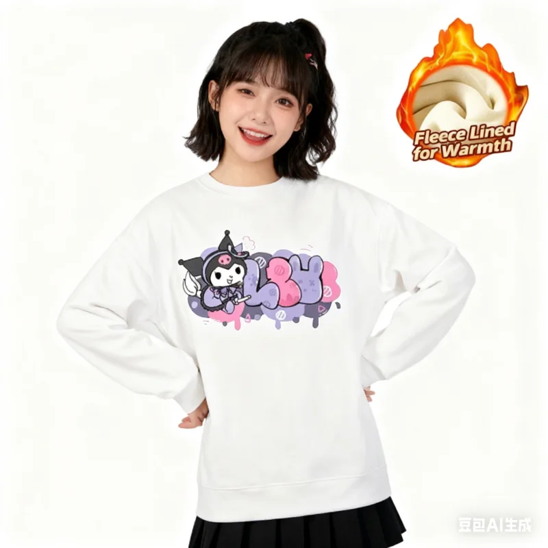 

2025 Sanrio Series Printed Crew Neck Long-Sleeve Top, Cute and Warm Fleece-Lined Crew Neck Long-Sleeve T-Shirt, 100% Cotton